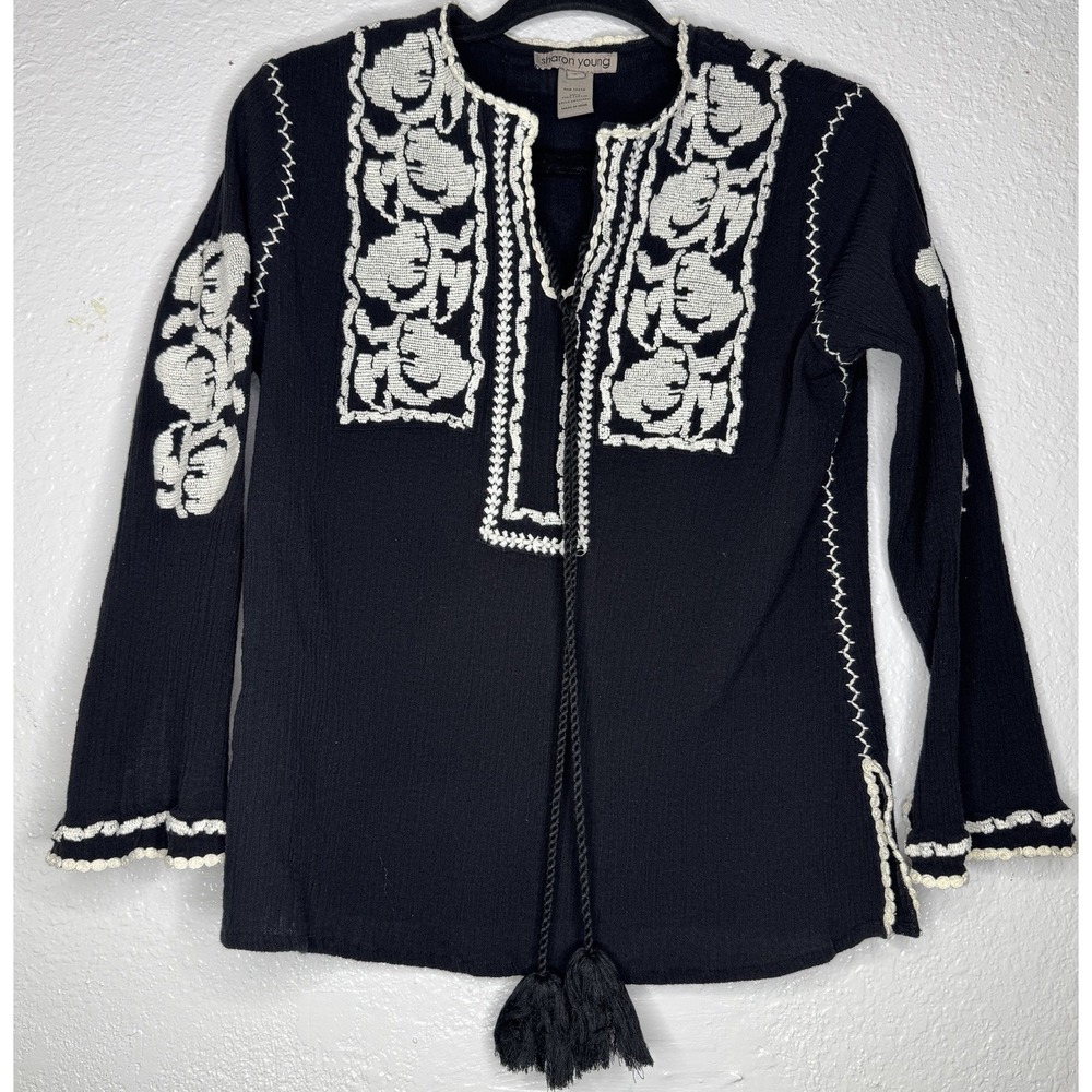 Sharon Young Women's Sz S Top Black White Floral Embroidered 100% Cotton Boho